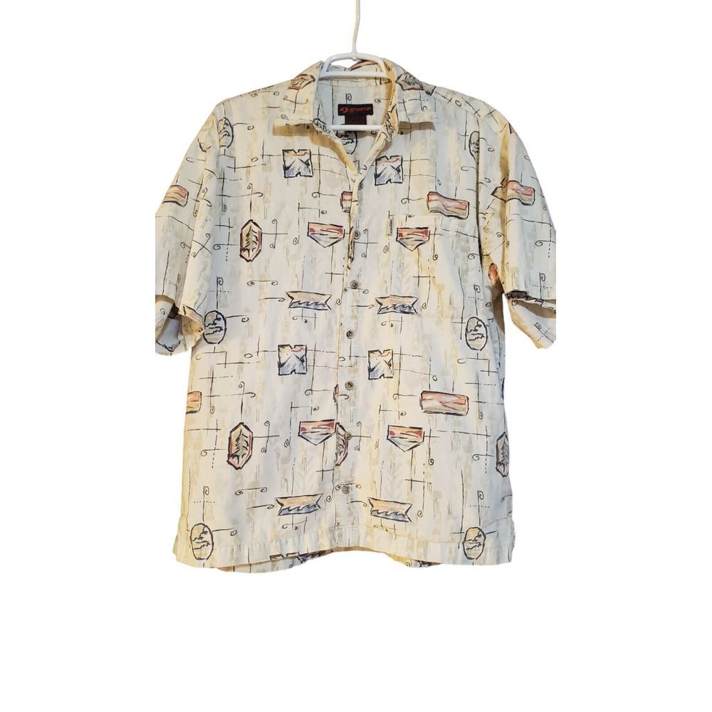 Vintage Sportif Shirt XL Mens All Over Print Cream Button Up Outdoors Athlesiure